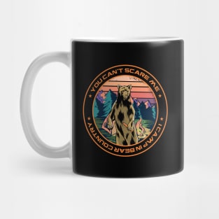 Funny camping in bear country quote graphic, outdoor hiking and exploring nature lover cartoon. Men Women Mug